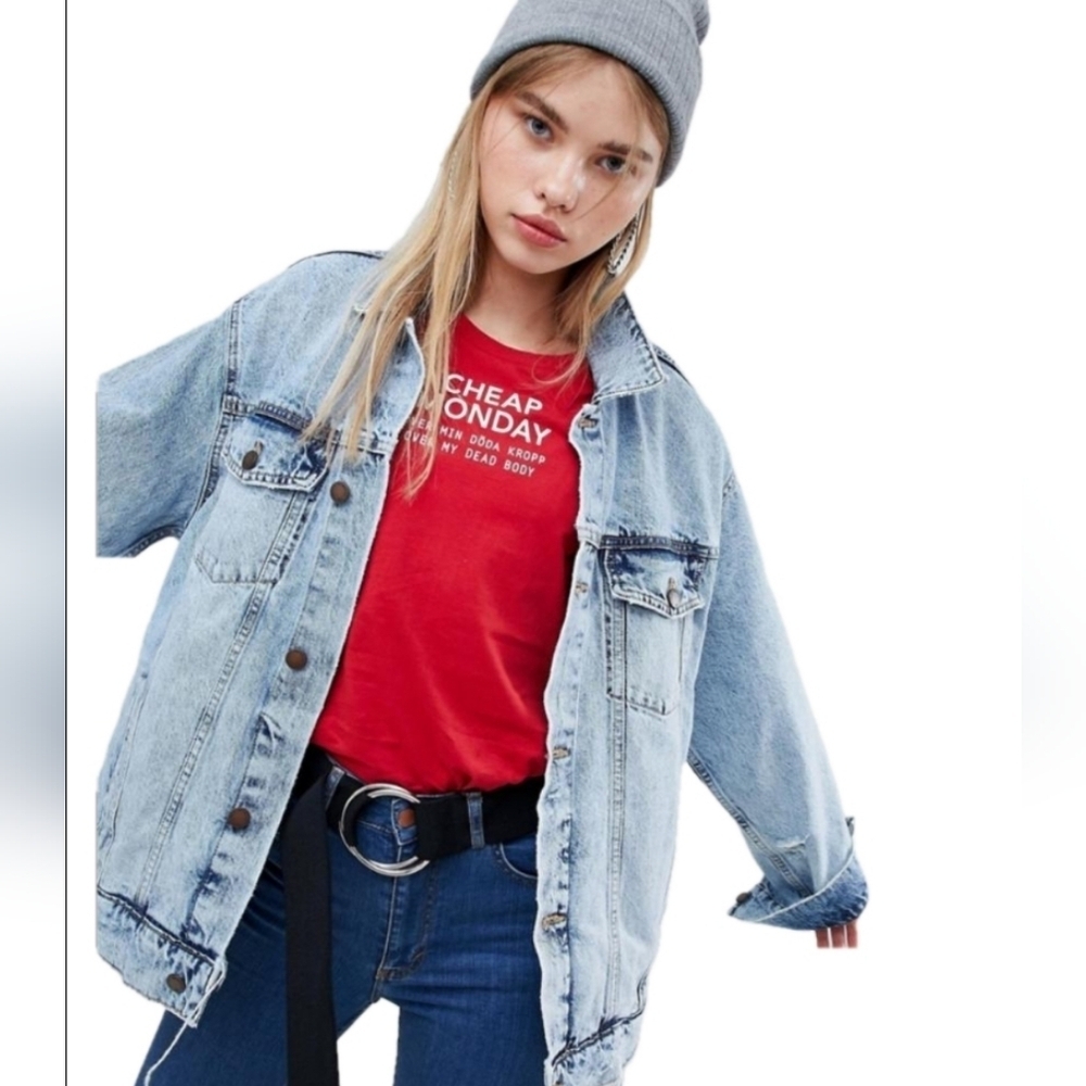 Cheap Monday Oversized Trucker Jacket distressed Destroyed Blue Large A1